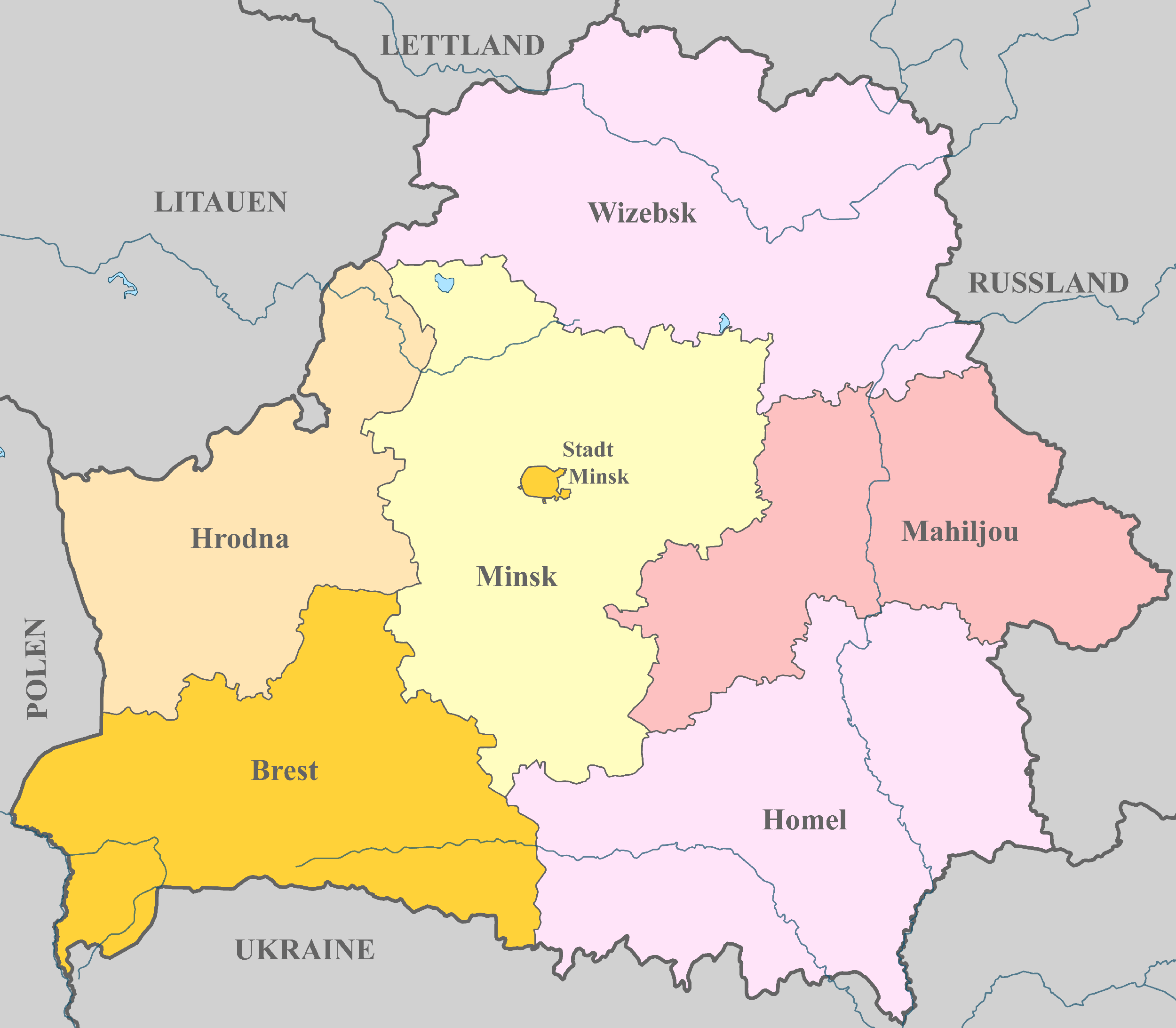 Belarus-Karte mit Nachbarstaaten und farblich markierten Regionen Belarus-Karte mit Nachbarstaaten und farblich markierten Regionen