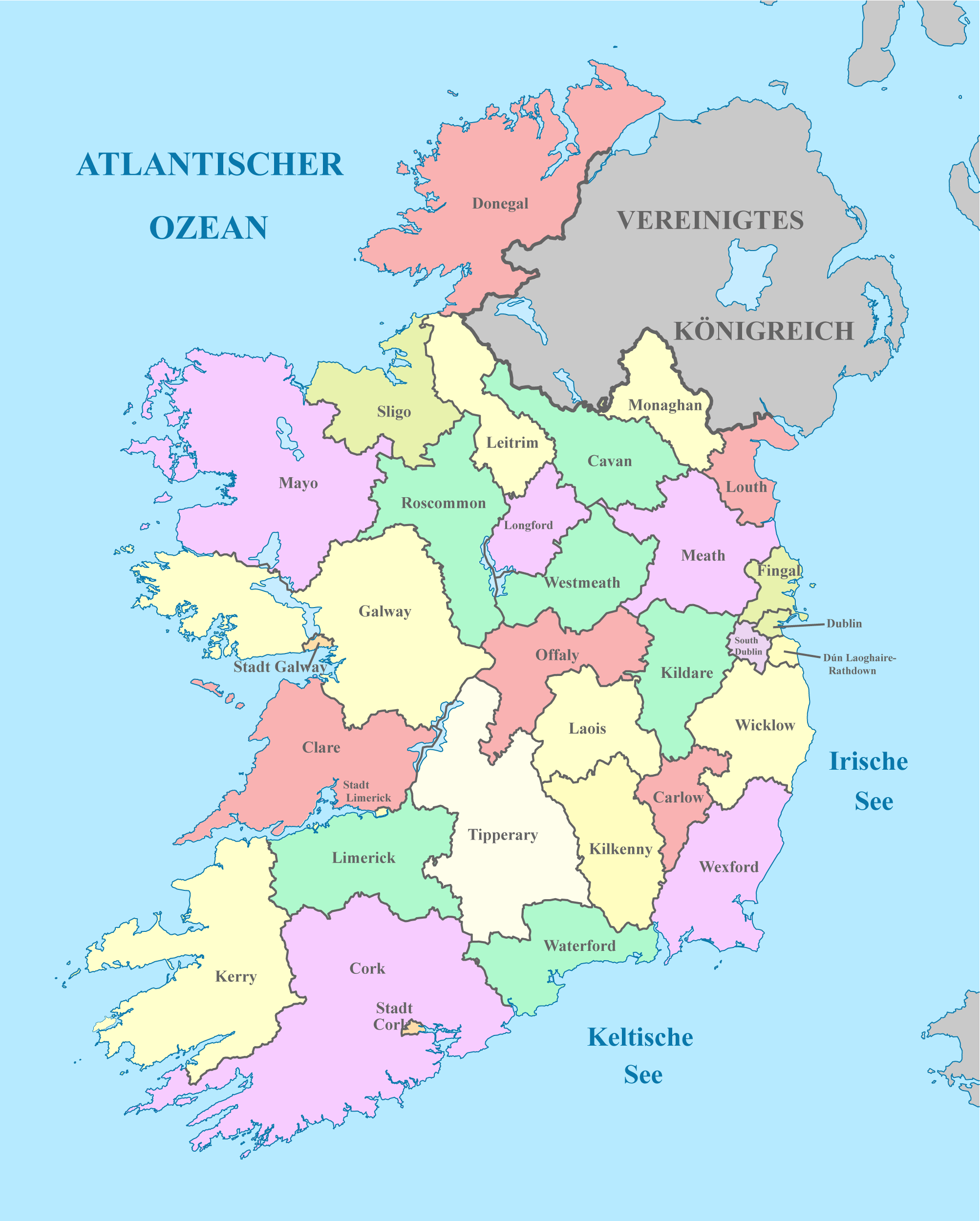 Irland Karte mit Nachbarstaaten und farblich markierten Regionen Irland Karte mit Nachbarstaaten und farblich markierten Regionen